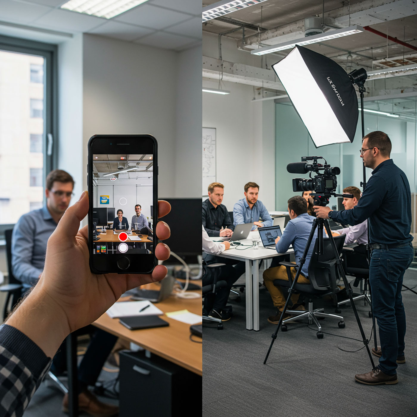 Professional video production setup, showcasing filming process with technical lighting and camera equipment.