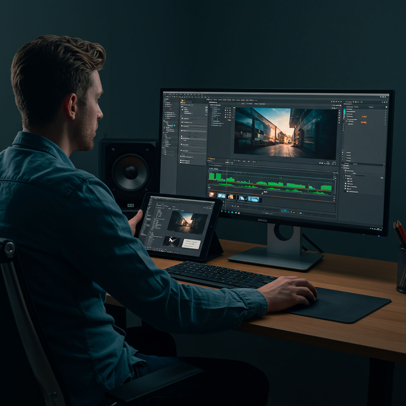 Professional videomaker editing video content with advanced software in a compliant studio setup.