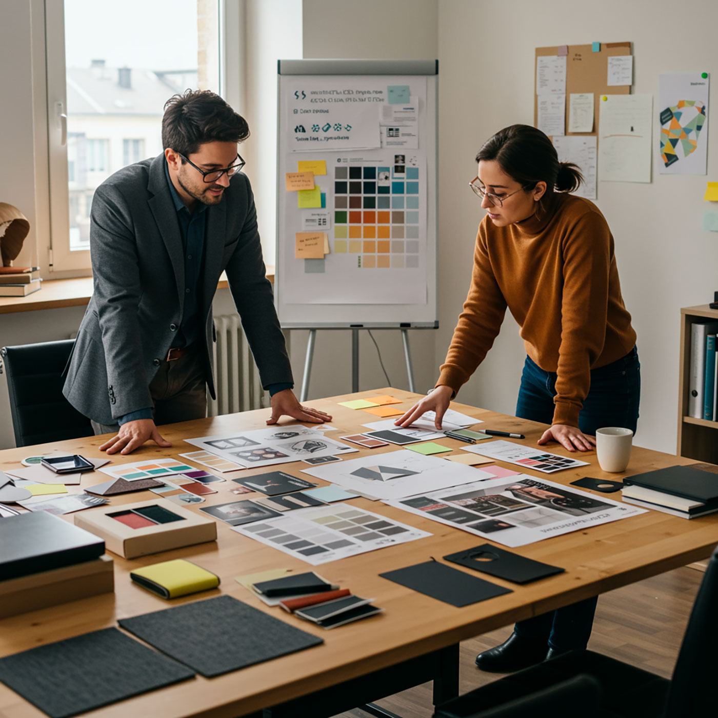 Professionals reviewing design materials for video production, ensuring compliance with industry standards.