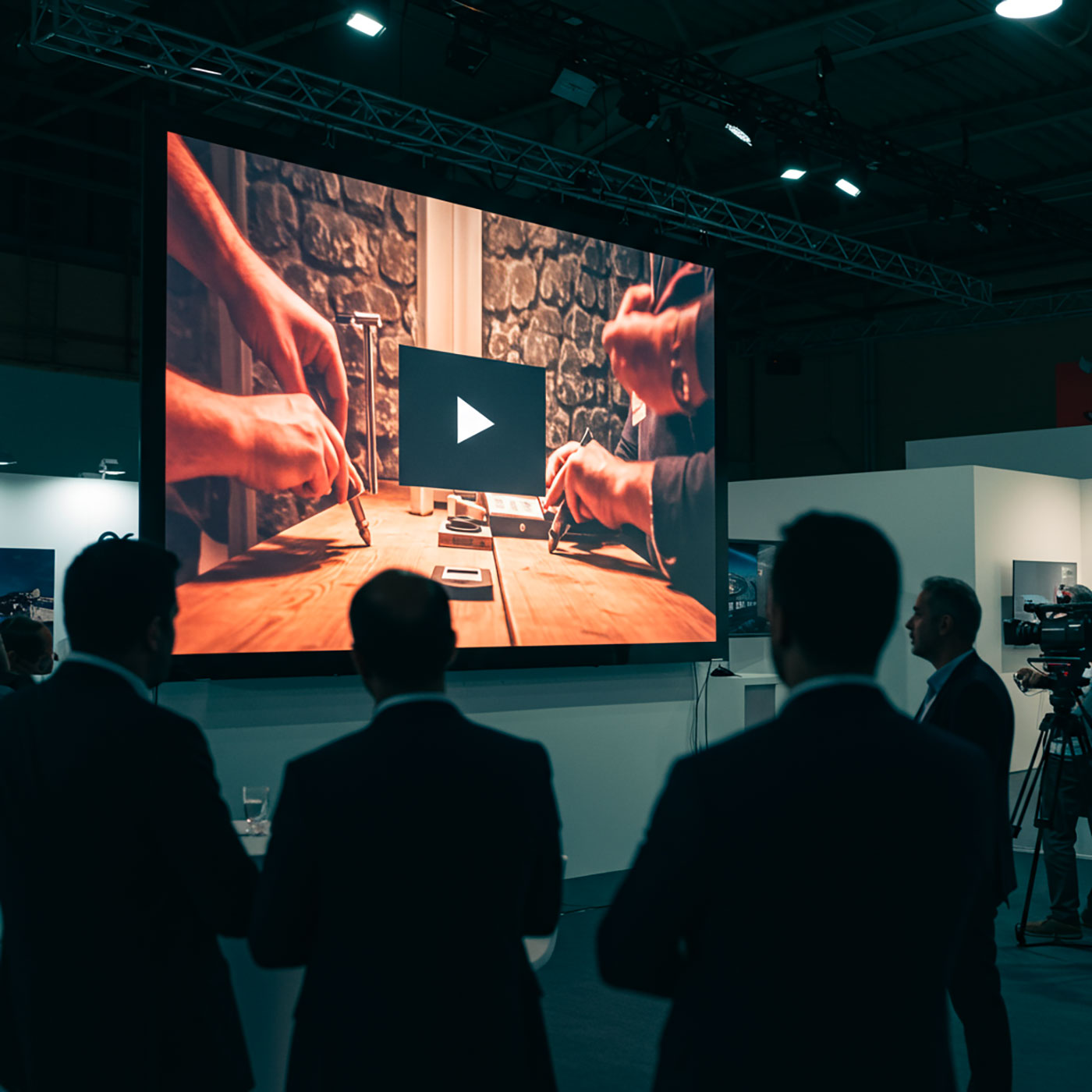 Professionals observing a video production demonstration on a large screen at a technical conference.