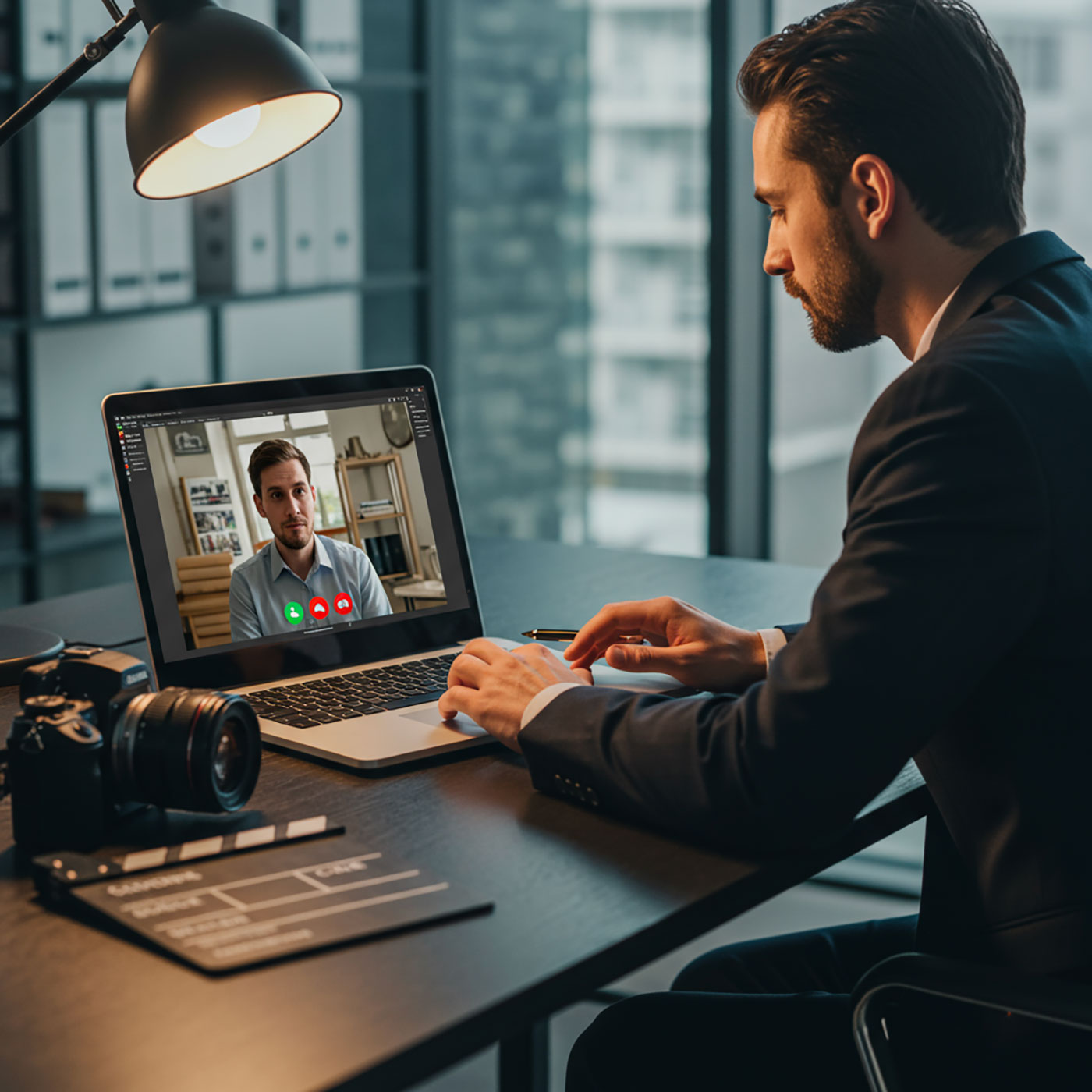 Professional videomaker conducting a remote video production meeting, ensuring compliance with industry standards.