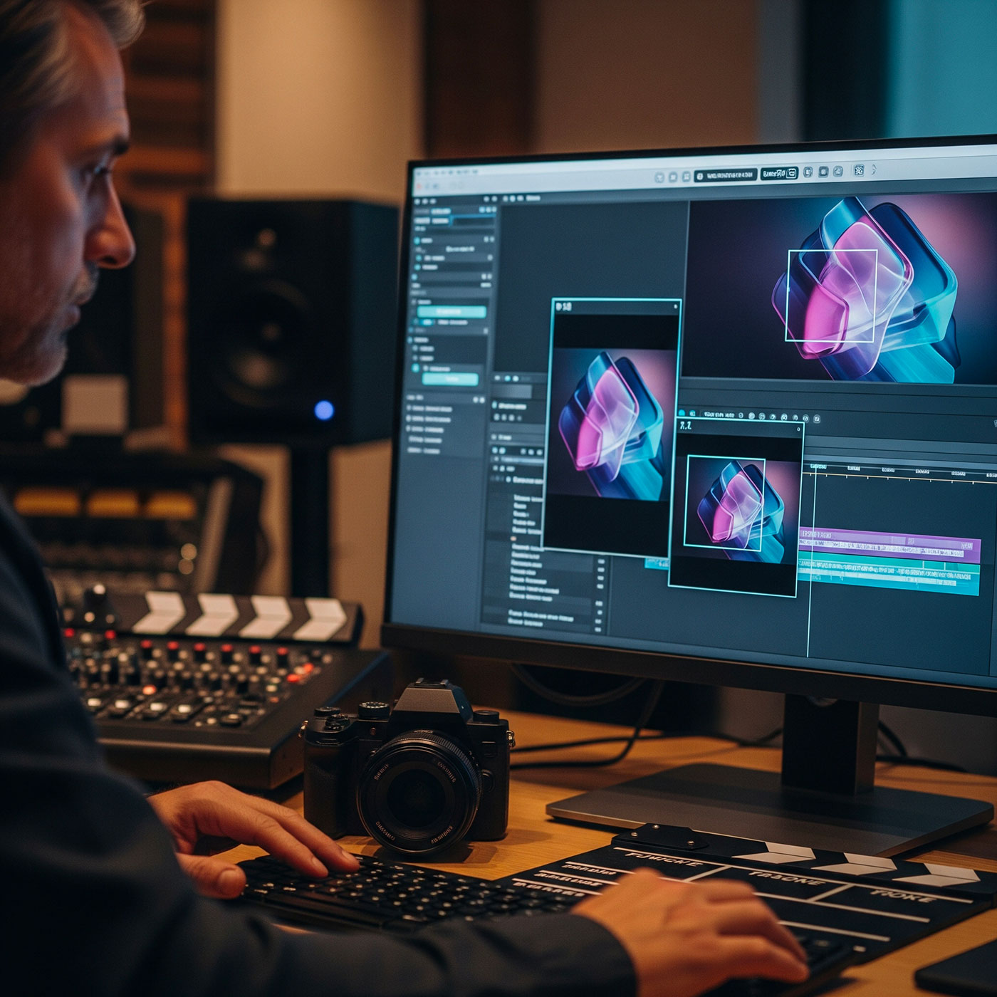 Professional videomaker engaged in video editing, utilizing advanced software for animation video production.