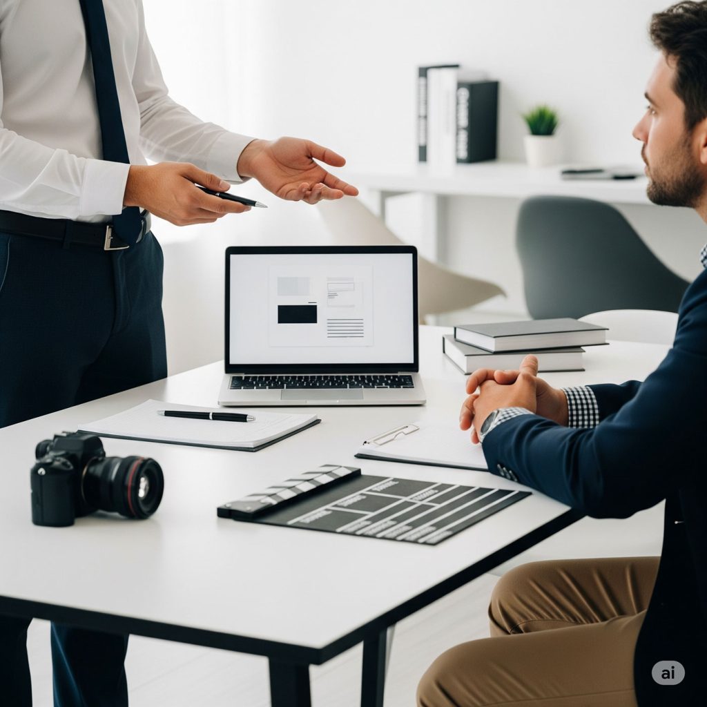 Professional consultation on video production standards with technical equipment displayed.