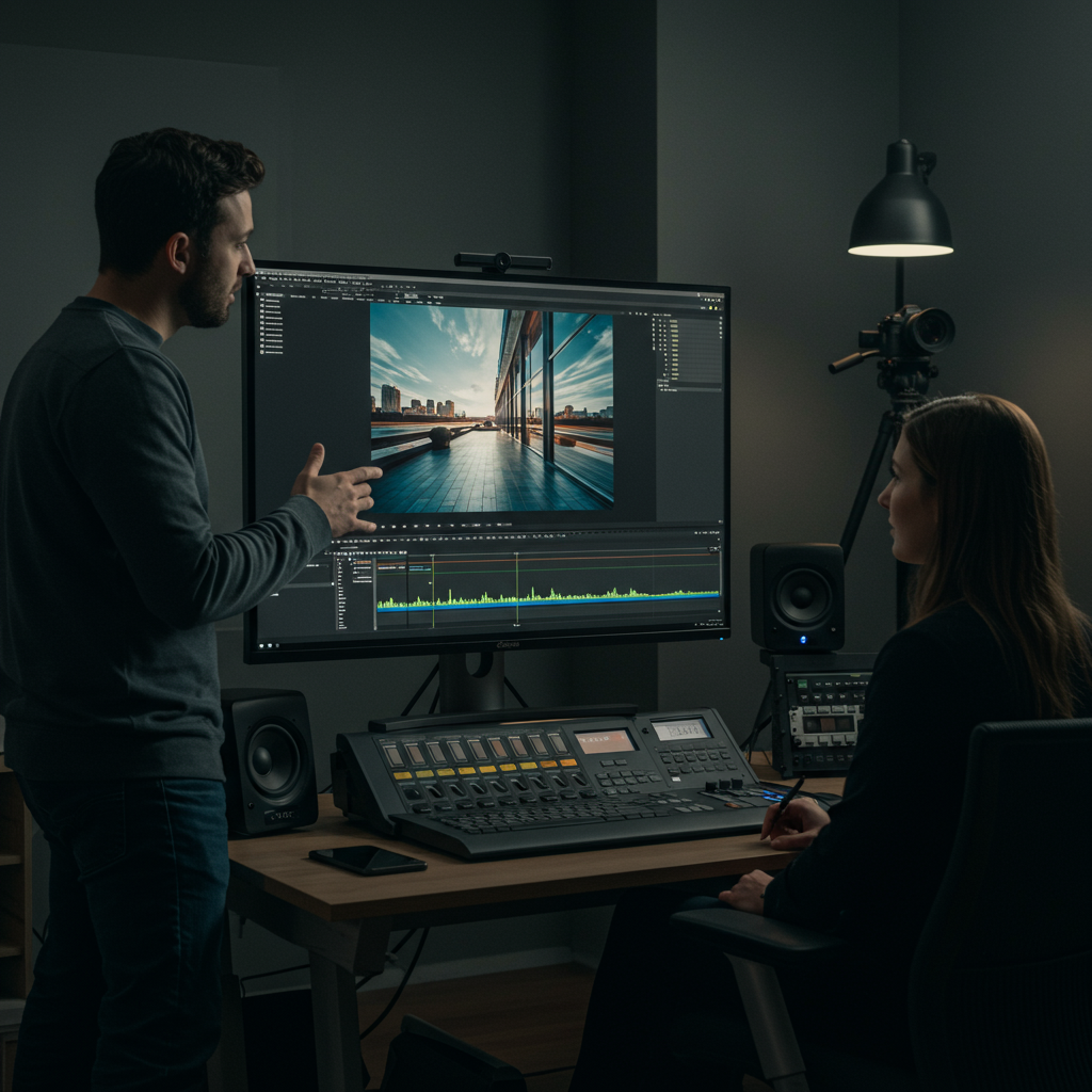 Video production session in a professional editing suite, showcasing advanced editing tools and techniques.