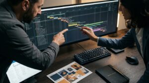 Collaborazione professionale in video editing con timeline su monitor, agenzie di comunicazione e produzione video.