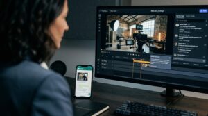 Editing video in a professional studio, showcasing tools for agenzie di comunicazione e produzione video, conforme agli standard UNI 11716.