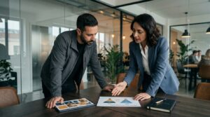 Discussione professionale su obiettivi tecnici e video produzione in un ambiente di lavoro moderno.