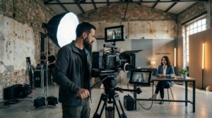 Ripresa professionale di video in set modulare, conforme a standard UNI 11716, con attrezzature di produzione video avanzate.