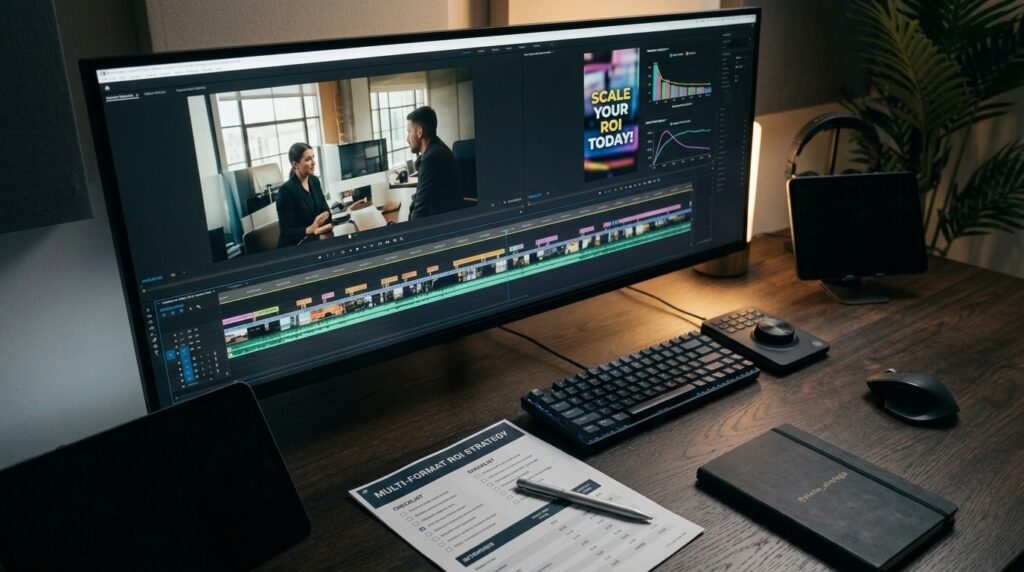 Postazione di editing video professionale con software di produzione, documenti strategici e attrezzature tecniche.