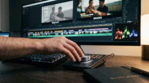 Editing video professionale con software avanzato e attrezzatura certificata per produzioni di alta qualità.