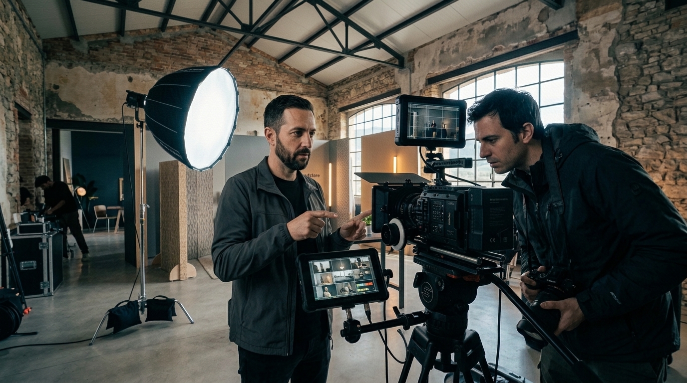 Professionisti del video editing utilizzano attrezzature avanzate per produzioni visive conformi agli standard UNI 11716.