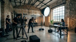 Ripresa professionale durante la produzione video, con attrezzature conformi agli standard UNI 11716 per un'illuminazione ottimale.