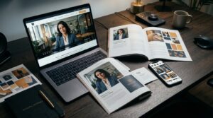 Scrivania con laptop che mostra video di produzione, riviste di design e materiale di branding professionale.