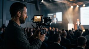 Videomaker professionista utilizza attrezzatura per registrare eventi, garantendo qualità e conformità agli standard UNI 11716.