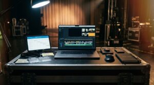 Postazione di editing video professionale con software di produzione e pianificazione eventi, conforme agli standard UNI 11716.