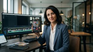 Professionista della video produzione mostra teaser live su smartphone, supportato da software di editing video professionale.