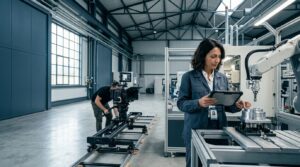 Professionista in ambiente industriale utilizza tablet per monitorare processo di produzione video con attrezzature certificate e conformi agli standard UNI 11716.