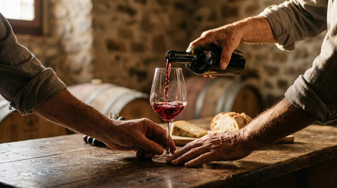 Degustazione di vino in un'ambientazione tradizionale, evidenziando il processo di produzione e video editing per contenuti B2B.