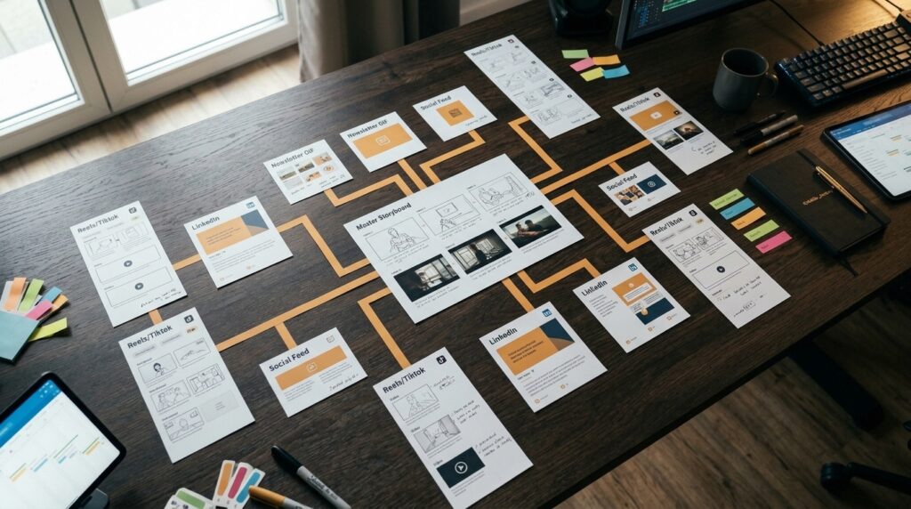 Schema di produzione video modulare con piani di distribuzione e flussi di lavoro per ottimizzare i costi, conforme a UNI 11716.