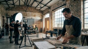 Produzione video professionale in un ambiente tecnico con materiali per costruzione e progettazione modulare.
