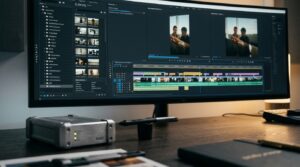 Software di video editing professionale con interfaccia utente, per produzione video conforme agli standard UNI 11716.