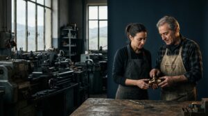 Artigiani professionisti discutono componenti meccanici in officina, evidenziando il processo di produzione video professionale.