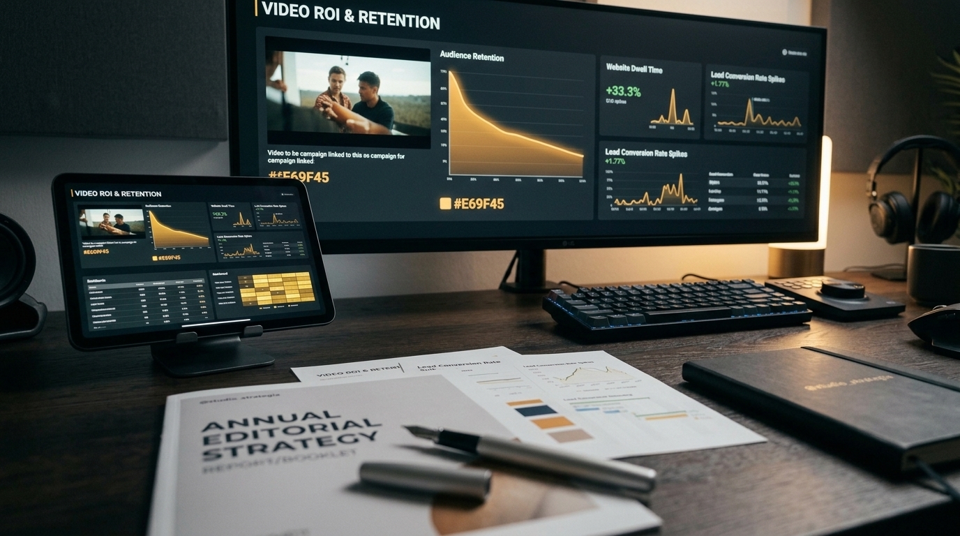 Dashboard di analisi ROI video con grafici di retention e conversione, utile per strategie di video marketing professionale.