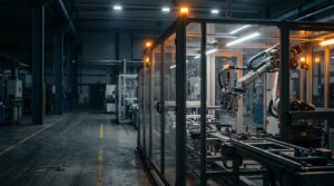 Impianto automatizzato con robot industriali per video produzione, conforme agli standard UNI 11716 per efficienza energetica.