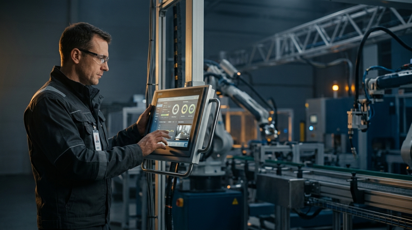 Operatore industriale utilizza software di automazione per ottimizzare il processo di produzione, conforme a UNI 11716.