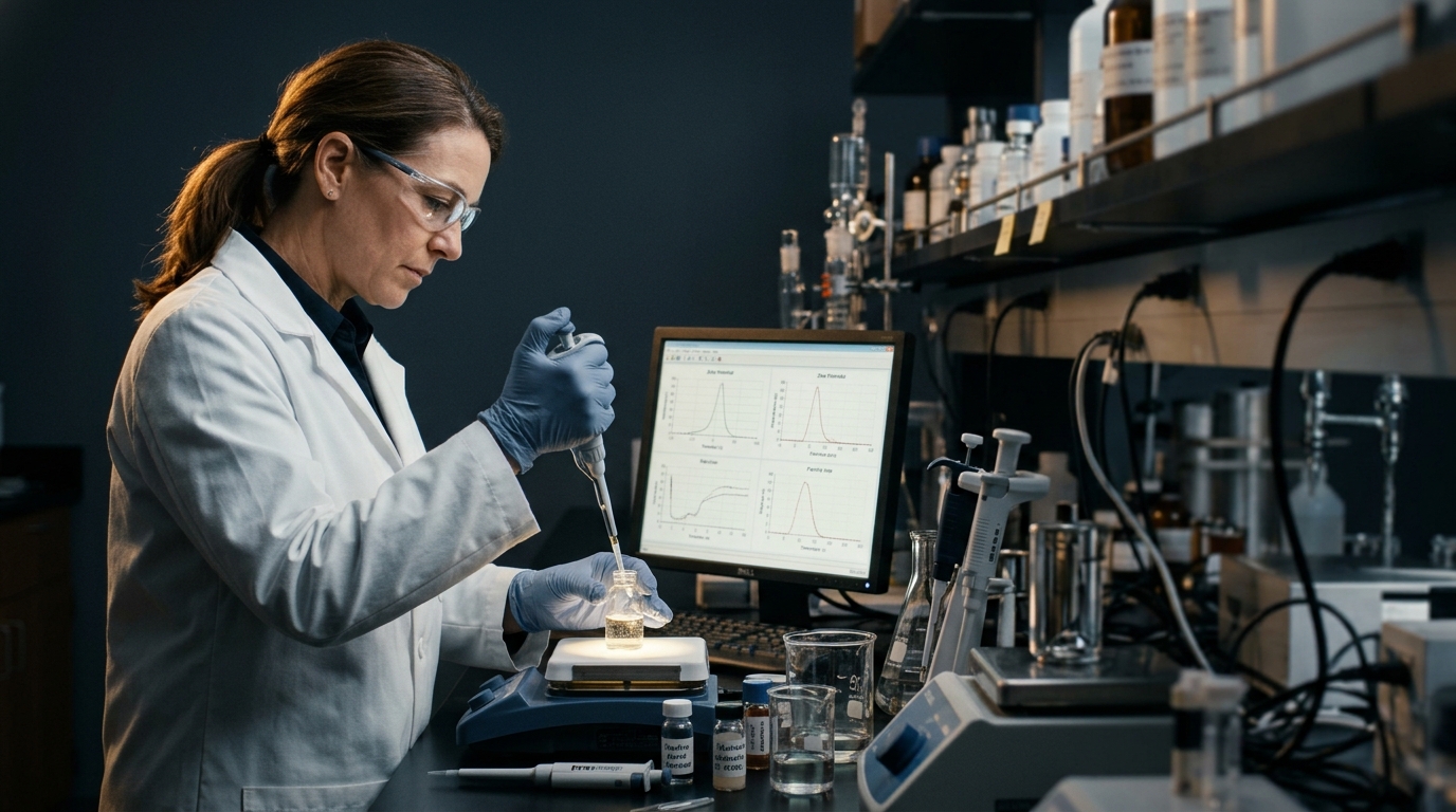 Laboratorio chimico con analisi dati, video produzione e conformità UNI 11716 per il settore cosmetico.